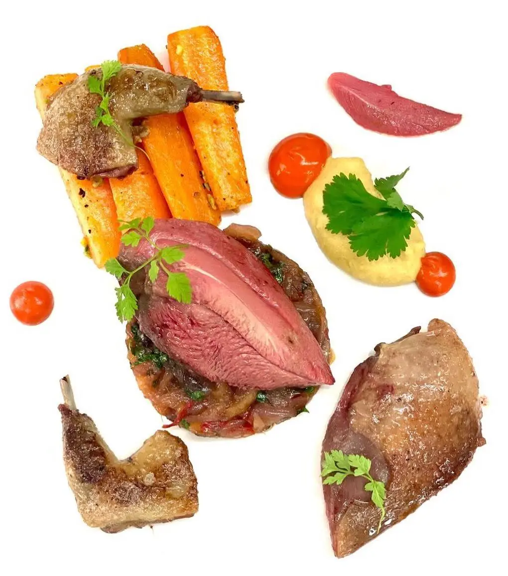 Assiette de pigeon rosé tranché, houmous, carottes glacées et condiments.
